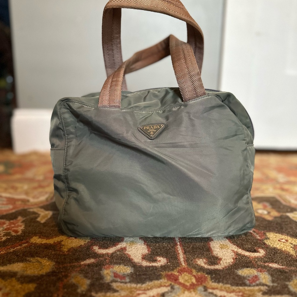 Prada Gray Tessuto Nylon Duffel Bag with Brown Handles